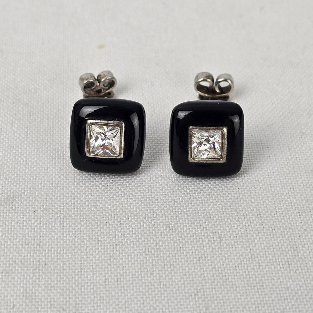 925 Sterling Silver Square Black Enamel Stud Earrings